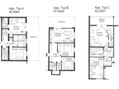 Grundrisse appartement A, B, C gemeinsam
