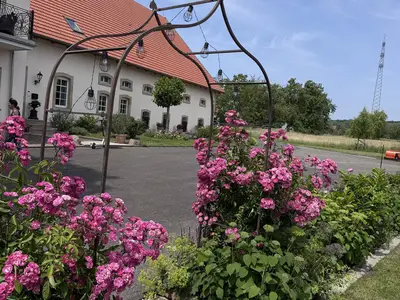 Blick von dem kleinen Garten auf den Hof