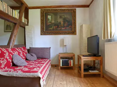 Gemütliches Sofa, zahlreiche Bücher zum Lesen und TV