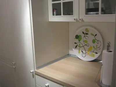 Rechte Küchenseite mit Geschirrschrank und Kühlschrank inkl. Gefrierfach