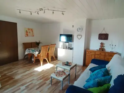 Wohnzimmer mit Schlafcouch, Essecke  u. Fernseher