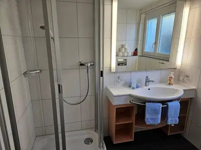 Badezimmer mit begehbarer Dusche, WC