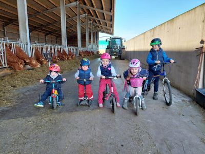 Kids mit Fahrräder im Kuhstall