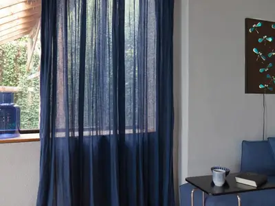 vom Schlafzimmer aus Blick in den Efeu-überwachsenen Innenhof.