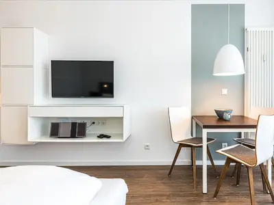 Wohn-Ess-Schlafbereich mit Couch und Flatscreen-TV