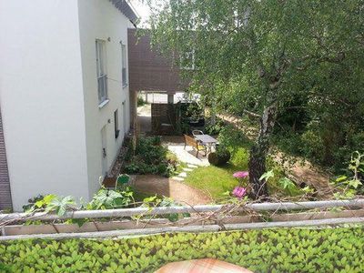 Garten. Blick vom Balkon in den grünen Innenhof