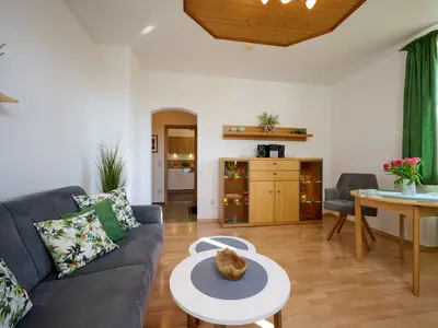 Wohnzimmer mit Blick in Eingangsbereich und Küche
