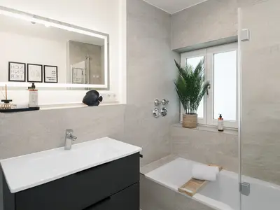 Erlebe das angenehme Ambiente und die praktischen Annehmlichkeiten dieses Badezimmers