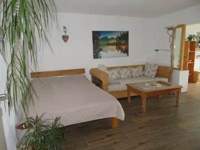 Doppelbett und Couch im Wohnzimmer