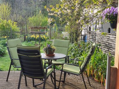 Morgenstimmung unter dem blühenden Kirschbaum auf der Terrasse