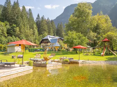 Hundebadeteich sonnig ohne Menschen und Hunde