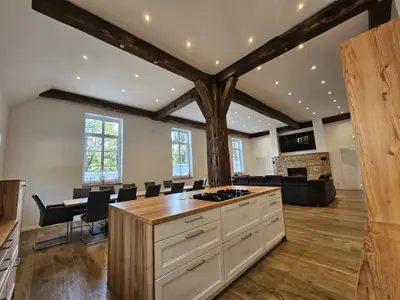 große Kochinsel mit Blick in den Wohnraum