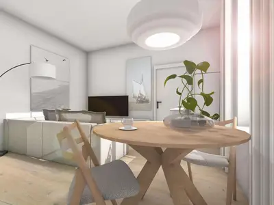 Wohnzimmer mit Esstisch, Sofa und Blick durch die Tür ins Schlafzimmer