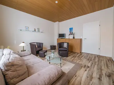 Wohnzimmer mit Sofa, Schrankbett und TV