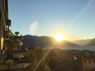Seeaussicht am Morgen von der Terrasse Richtung Brissago Inseln und Ascona