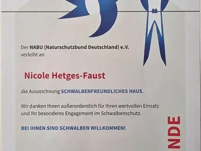 Urkunde schwalbenfreundliches Haus NABU