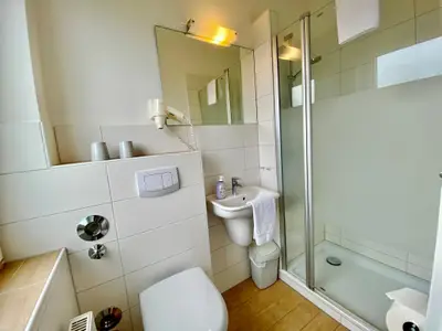 Badezimmer mit Föhn, Spiegel, Handtüchern und Dusche mit hohem Einstieg