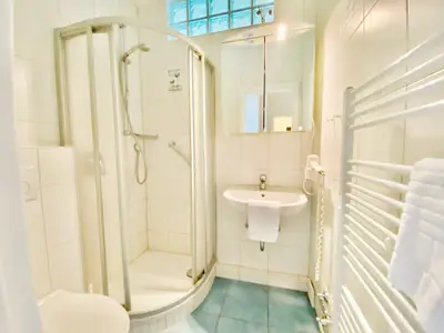 Badezimmer, Föhn, Handtücher, Toilette, Dusche, Spiegel