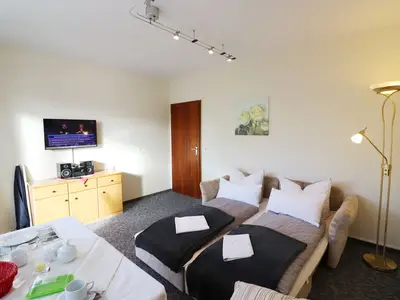 Wohnzimmer mit Couch und Esstisch, TV