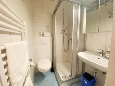 Badezimmer mit Handtüchern und Dusche mit hohem Einstieg