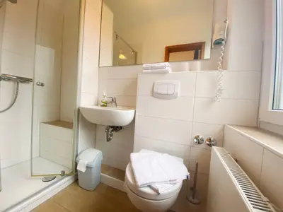 Badezimmer, Handtücher, Toilette, Dusche, Spiegel, Föhn