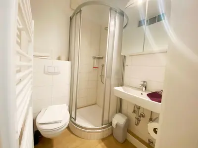 Helles Bad mit Dusche, Toilette und Waschbecken. Handtücher inkl.