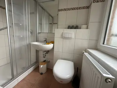 Badezimmer mit Toilette und Dusche, sowie Waschbecken mit Spiegel