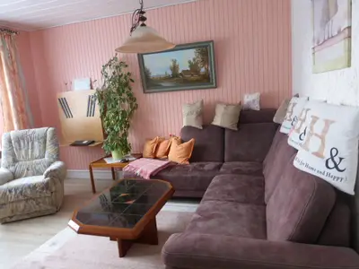 Wohnzimmer mit Laminat Fußboden. Im Sitzbereich befindet sich ein Teppich.