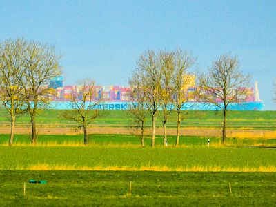 Blick aus der Ferienwohnung Richtung Elbe mit den dicken Pötten