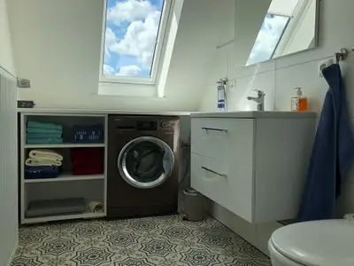 Das Badezimmer mit großem Waschtisch und Waschmaschine