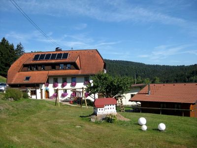 Hausansicht mit Spielplatz und Gartenhaus