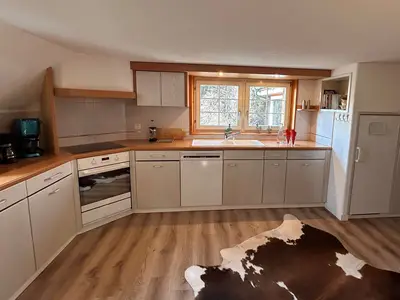 grosszügige Küche mit Induktionsherd, Backofen, Geschirrspülmaschine, Kühlschrank mit Gefrierfach