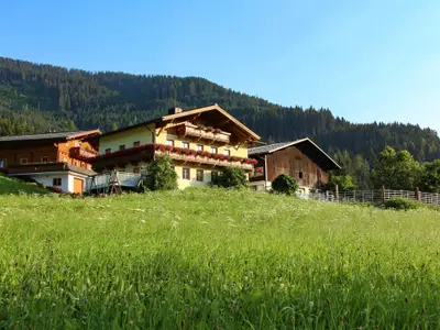 Bauernhof in Naturidylle umgeben von grünen Wiesen