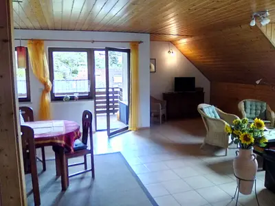 Von der Eingangstüre aus mit Blick zum Balkon