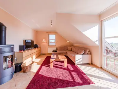 Ferienwohnung Storchenflug Blick in das Wohnzimmer mit Kamin