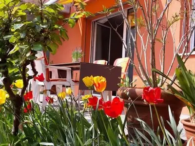 Gartensitzplatz im Frühling