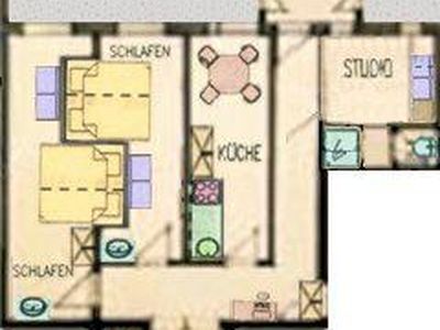 Grundriss Ferienwohnung mit zwei Schlafzimmern und Küche mit Studio