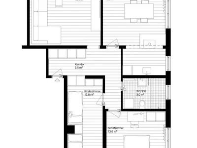 Grundriss 3.5-Zimmer-Ferienwohnung im 2. Stock eines Mehrfamilienhauses aus dem Jahr 1963, 2024 vollständig renoviert
