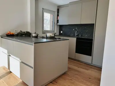 Moderne Küche mit Kochinsel, Kombi-Backofen-Steamer, 4-Platten-Kochfeld, grossen Kühlschrank mit Gefrierfach