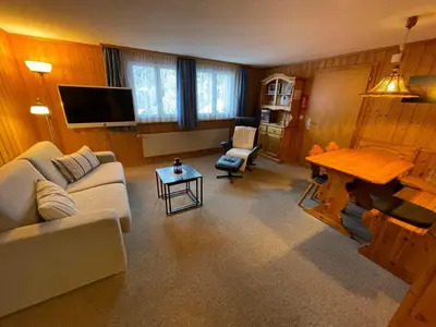 Wohnteil mit Esstisch, Ruhesessel und Sofa