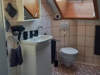 Badezimmer mit Waschbecken und Toilette