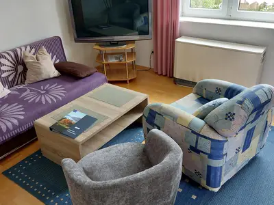 Wohnzimmer, ausziehbare Couch, Fernseher