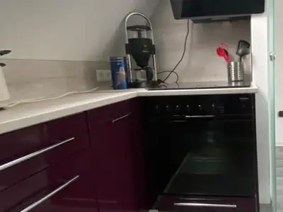 Küche mit Herd / Backofen und Dunstabzug