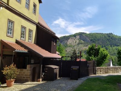 Links Burg 1&2, rechts die Kirche und in der Mitte der Dohlenstein