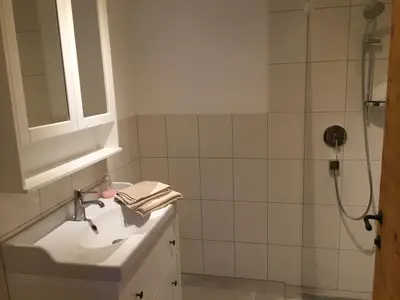 Badezimmer mit Dusche und Waschbecken