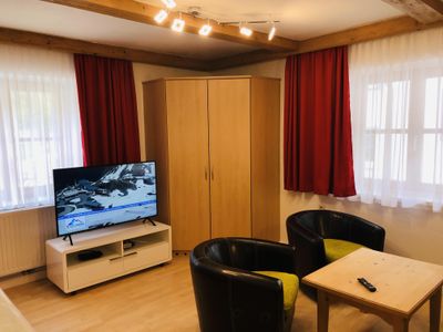 Wohnzimmer mit Schrankbett, Sofa, TV