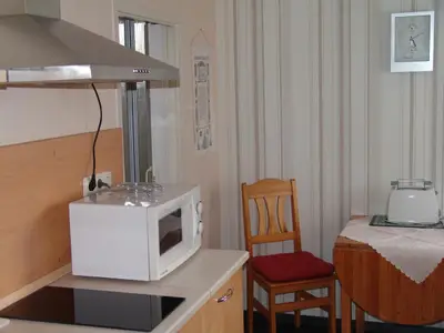 Die modern ausgestattete EBK mit 2 Indukt.-Kochfeldern, Kühlschrank mit TK-Fach und Mikrowelle