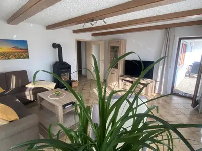 Wohnzimmer mit Kaminofen, Smart TV und Ausgang zur überdachten Terrasse!