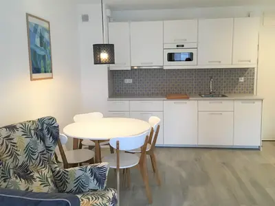 Kochbereich. Wohnzimmer mit Küchenzeile