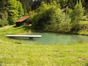 Außenansicht des Gebäudes. Naturbadeteich mit Steg